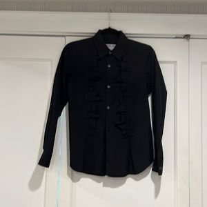 Black poplin blouse with front ruffle detail